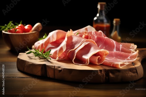 Prosciutto slices with figs on a dark wooden board.appetizer ,from dry ,cured ham, rustic style,..Prosciutto slices with figs on a dark wooden. Generative AI illustration.