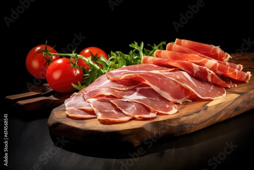 Prosciutto slices with figs on a dark wooden board.appetizer ,from dry ,cured ham, rustic style,..Prosciutto slices with figs on a dark wooden. Generative AI illustration.