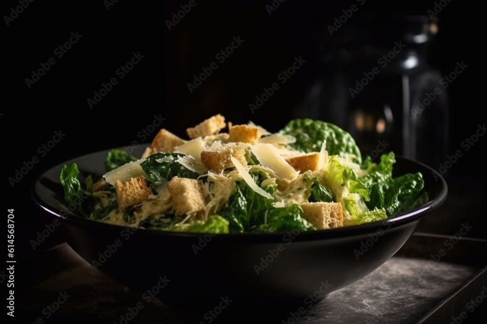 Delicious caesar salad on a plate in a cafe. Generative AI. Delicious caesar salad on a plate in a cafe. Generative AI.