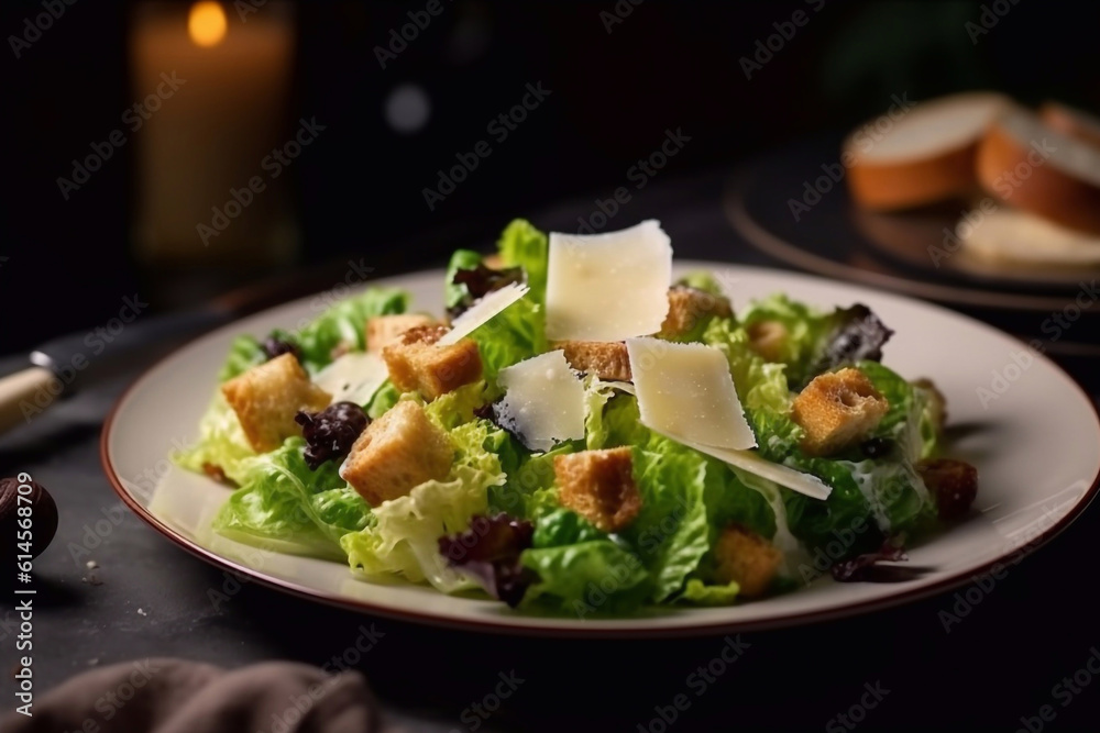 Delicious caesar salad on a plate in a cafe. Generative AI.
