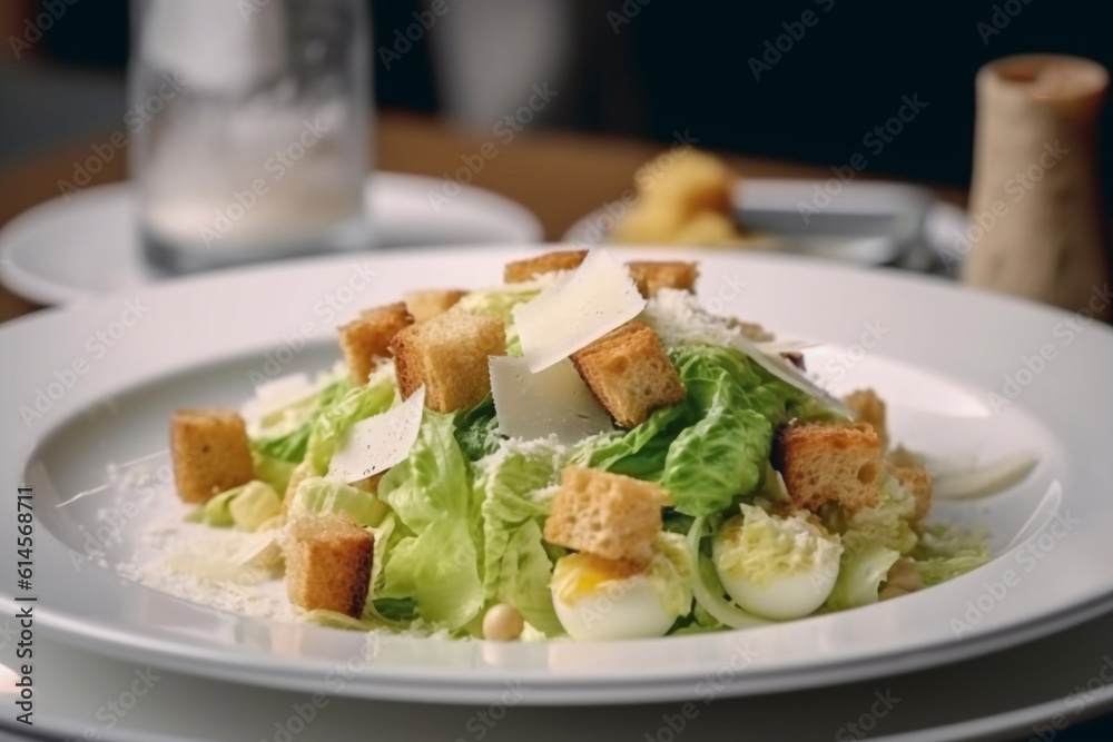 Delicious caesar salad on a plate in a cafe. Generative AI. Delicious caesar salad on a plate in a cafe. Generative AI.