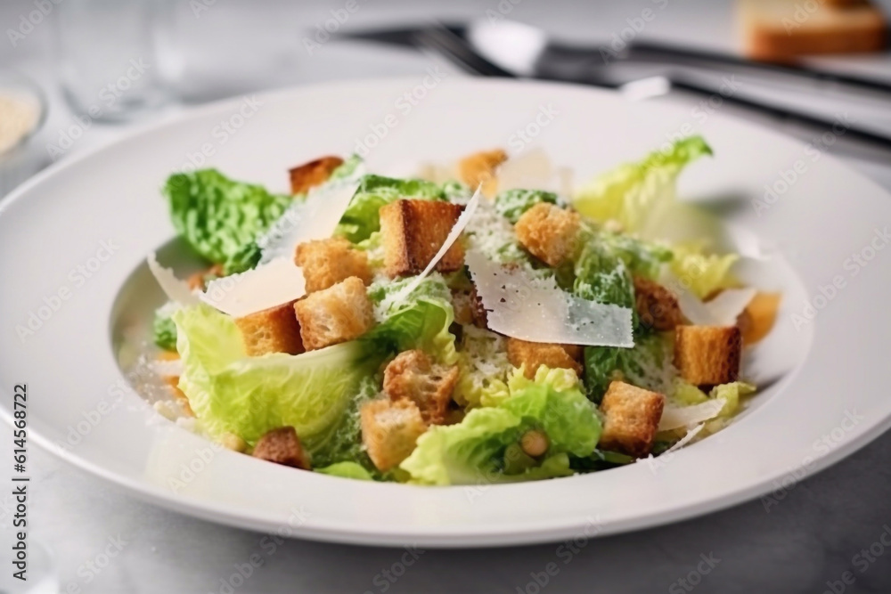 Delicious caesar salad on a plate in a cafe. Generative AI. Delicious caesar salad on a plate in a cafe. Generative AI.