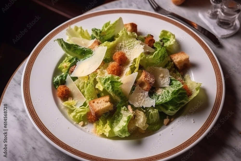 Delicious caesar salad on a plate in a cafe. Generative AI.