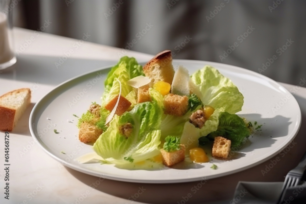 Delicious caesar salad on a plate in a cafe. Generative AI. Delicious caesar salad on a plate in a cafe. Generative AI.