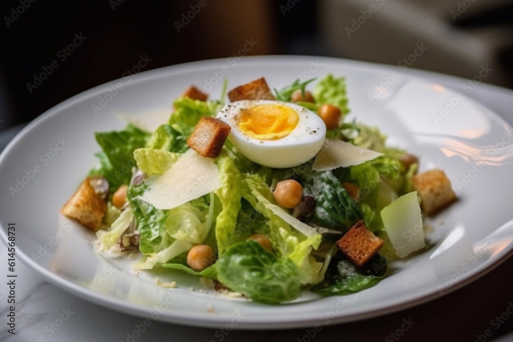 Delicious caesar salad on a plate in a cafe. Generative AI. Delicious caesar salad on a plate in a cafe. Generative AI.