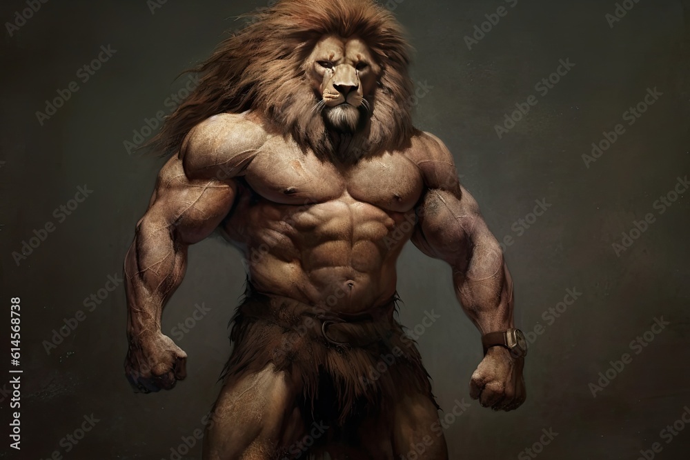 A lion with a muscular mens body. Generative AI. A lion with a muscular mens body. Generative AI.