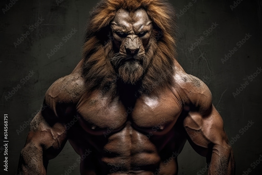 A lion with a muscular mens body. Generative AI. A lion with a muscular mens body. Generative AI.
