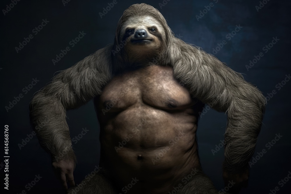 A sloth with a muscular mens body. Generative AI. A sloth with a muscular mens body. Generative AI.