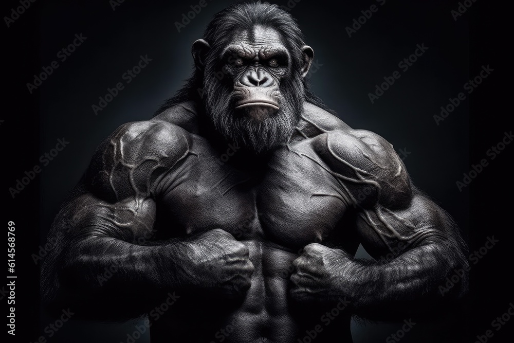 A chimpanzee with a muscular mens body. Generative AI. A chimpanzee with a muscular mens body. Generative AI.