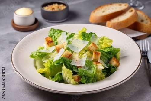 Delicious caesar salad on a plate in a cafe. Generative AI.