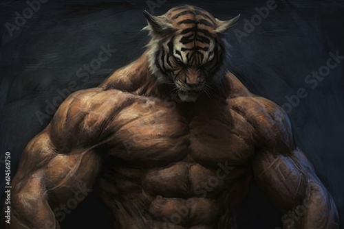 A tiger with a muscular mens body. Generative AI.