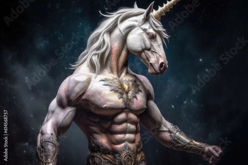 A unicorn with a muscular mens body. Generative AI.