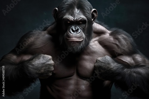 A chimpanzee with a muscular mens body. Generative AI. © jlfsousa
