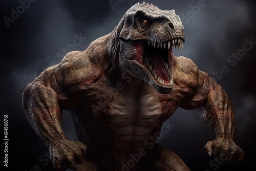 A dinosaur t-rex with a muscular mens body. Generative AI. © jlfsousa