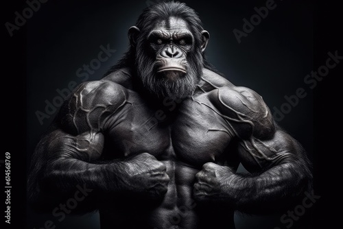 A chimpanzee with a muscular mens body. Generative AI.