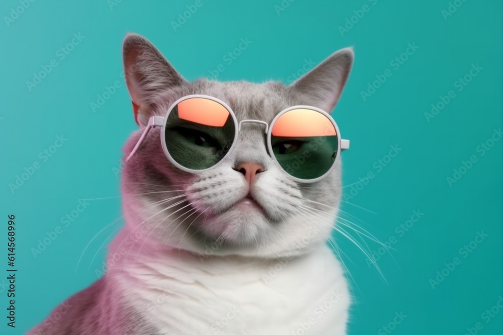 fashion portrait pet animal funny cat colourful sunglasses cute neon. Generative AI.
