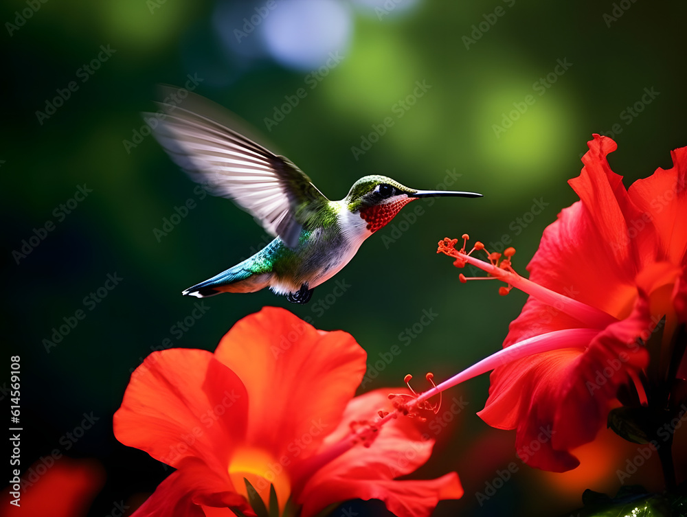 Fototapeta premium a hummingbird flying near a flower, in the air with its wings spread out and its wings spread wide open, with a blurry background of red flowers in the foreground. generative ai