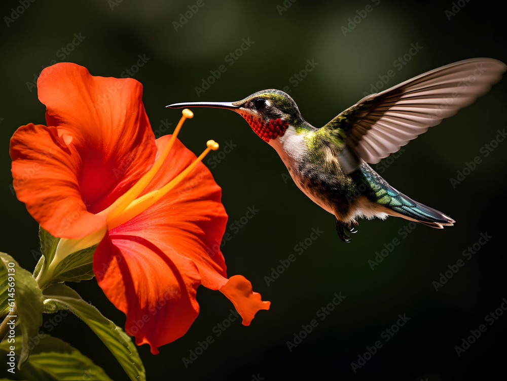 Fototapeta premium a hummingbird flying near a flower, in the air with its wings spread out and its wings spread wide open, with a blurry background of red flowers in the foreground. generative ai
