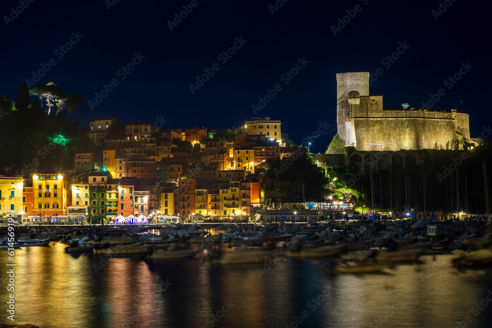 Fototapeta premium Lerici, Italy, 13 April 2022: View of the seaside town of Lerici in Liguria by night
