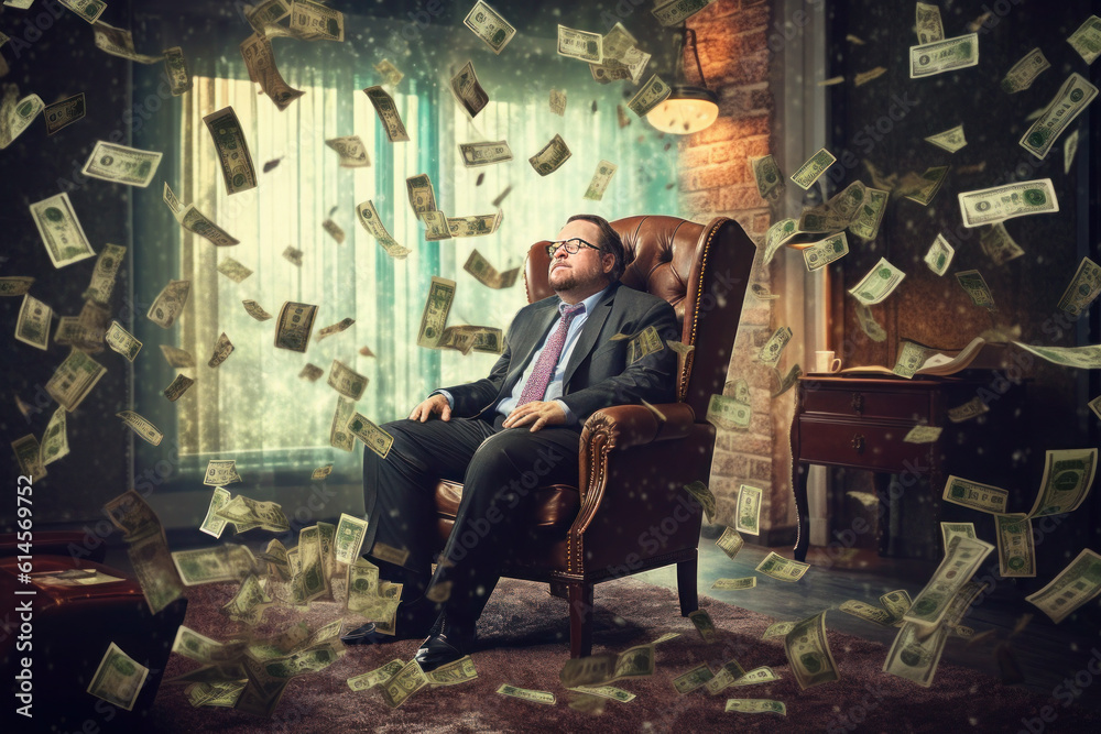 a man in a chair, banknotes, dollars fall around. success and profit in business, lottery. generative ai, ai, generative