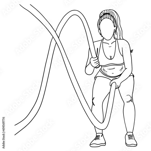 Women with battle rope doing battle ropes exercise outline vector illustration. Front view.Linear drawing of CrossFit concept.