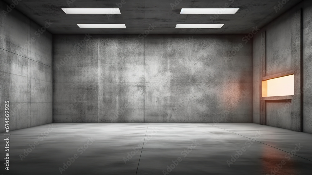 An empty room with concrete walls and a window. Generative AI.