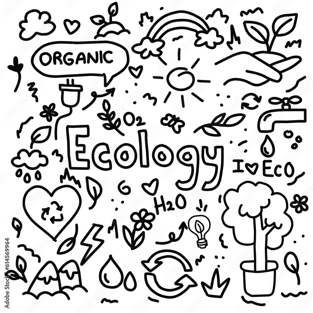 Set of hand drawn Ecology doodles. Handmade elements on a white background EPS vector