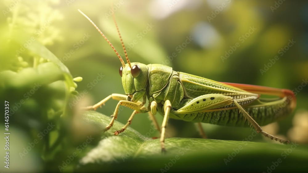 A close up image of green locust on leaf at morning A close up image of green locust on leaf at morning