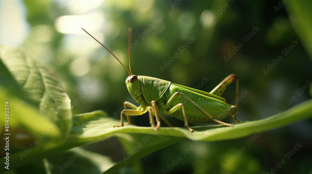 Fototapeta premium A close up image of green locust on leaf at morning
