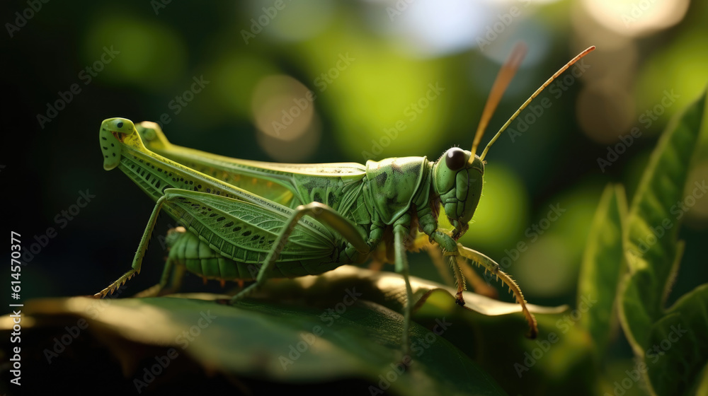 A close up image of green locust on leaf at morning A close up image of green locust on leaf at morning