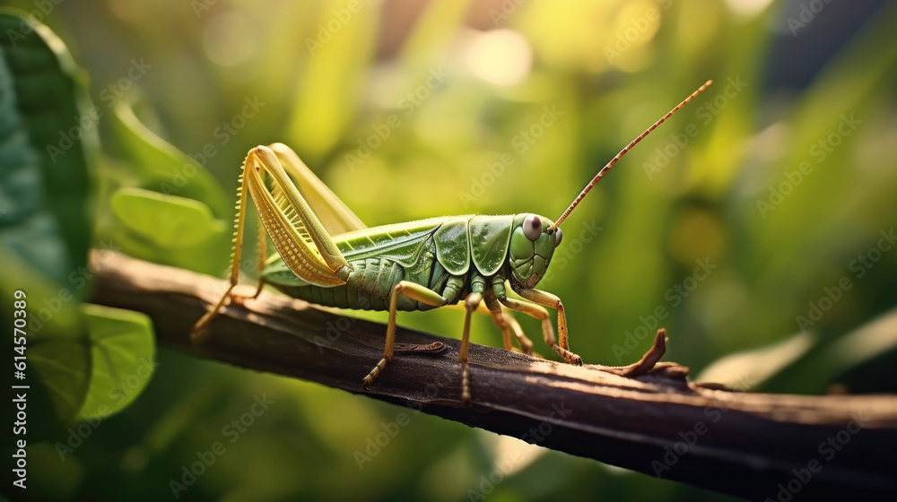 A close up image of green locust on leaf at morning A close up image of green locust on leaf at morning