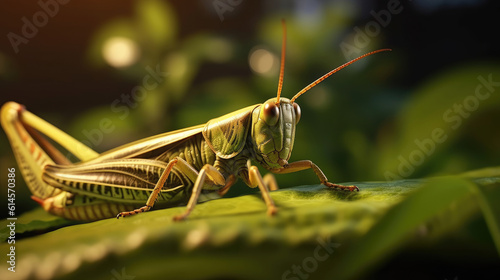 A close up image of green locust on leaf at morning © didiksaputra
