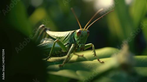 A close up image of green locust on leaf at morning © didiksaputra