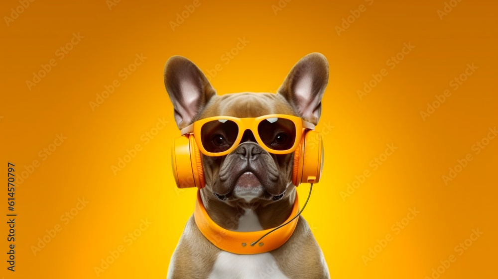 The character of a stylish French bulldog wearing headphones listens to music
The character of a stylish French bulldog wearing headphones listens to music