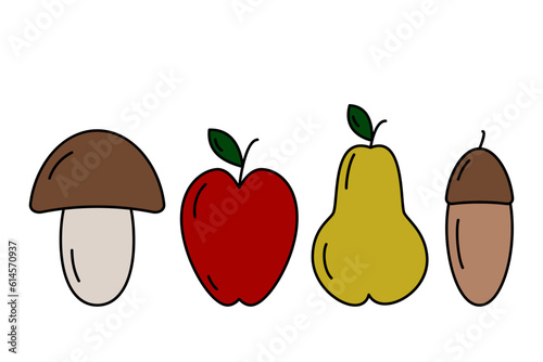 Set of 4 seasonal fruits Mushroom, apple, pear and acorn in trendy shades. Thanksgiving day. Vector