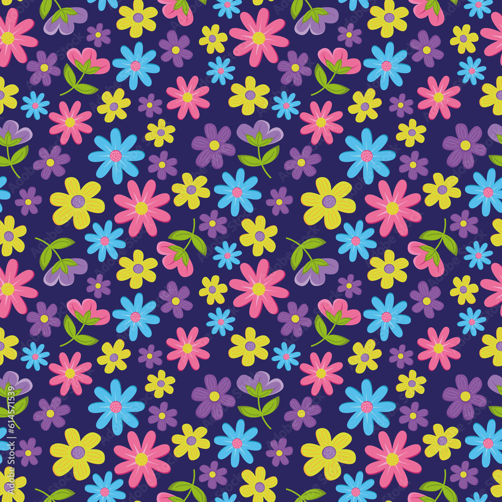Flat design . Flower seamless on blue background illustration. Pretty floral pattern for print. . Floral background. Flat design . Flower seamless on blue background illustration. Pretty floral pattern for print. . Floral background.