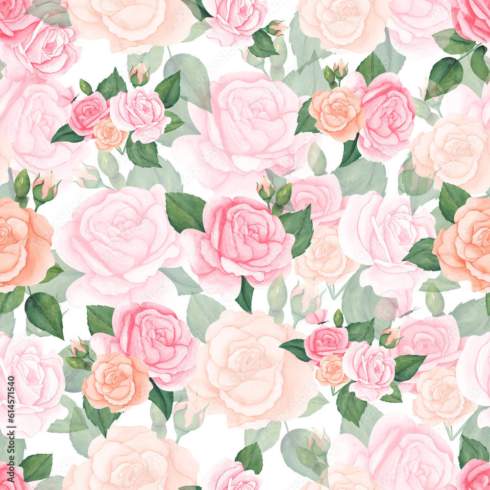 watercolor seamless pattern with pink peach pastel roses and leaves. Floral illustration for wrapping paper, textile, print, fabric