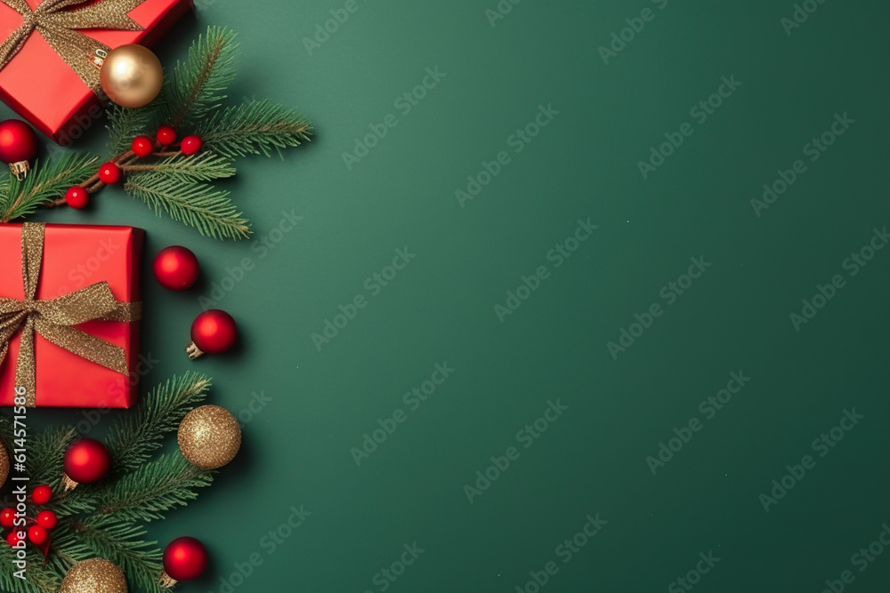 A green background with christmas decorations and presents. Generative AI.