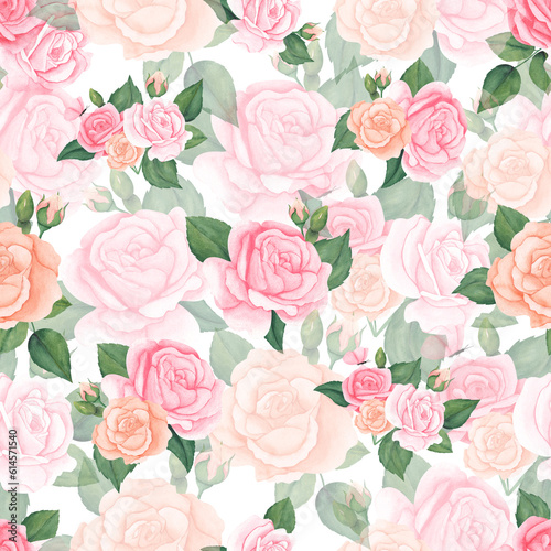 watercolor seamless pattern with pink peach pastel roses and leaves. Floral illustration for wrapping paper, textile, print, fabric