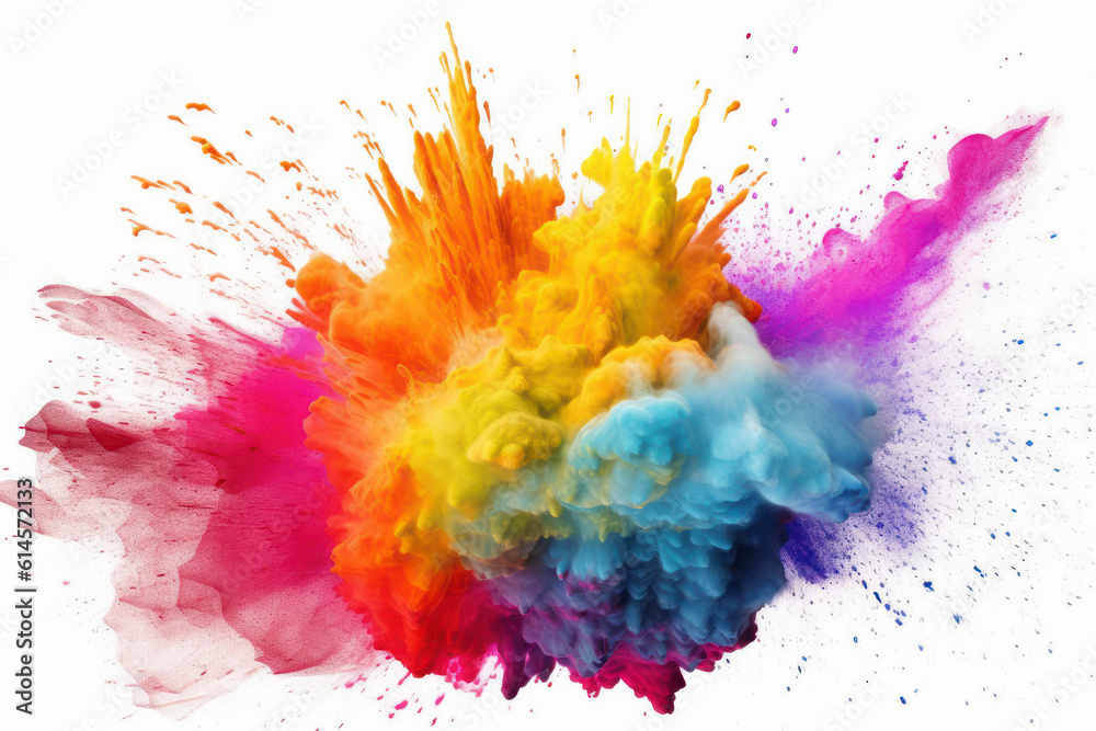 A mesmerizing display of multicolored holi powder paint exploding in a burst of abstract rainbow hues. Isolated on a white background. Generated with AI.
