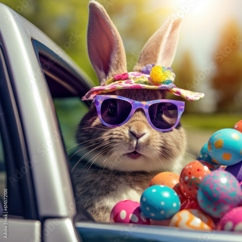 A lovable Easter Bunny wearing sunglasses, curiously peering out of a car filled with an assortment of colorful eggs. This charming and playful image, generated using AI, 