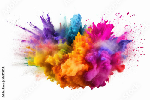 A vibrant burst of multicolored rainbow holi powder paint creating an explosive abstract display. Isolated on a white background. Generated with AI.