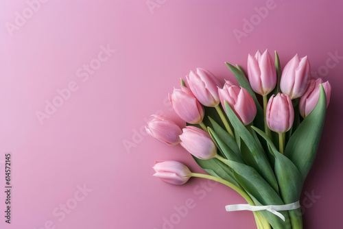 Gorgeous spring tulip flowers elegantly displayed in a flat lay style on a pink background. A delightful choice for Spring Sale banners or greetings on Women's or Mother's Day.  generative AI. © tope007