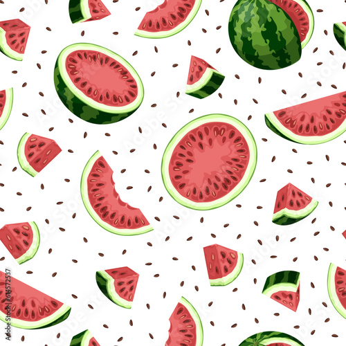 Fototapeta Naklejka Na Ścianę i Meble -  Seamless pattern of watermelon slices and seeds on white background.
