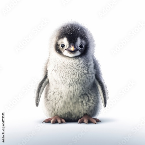 Playful penguin sitting on a snowy white background, Generative AI
