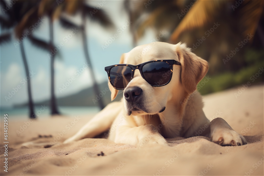 dog wearing sunglasses laying on a beach, AI generated content dog wearing sunglasses laying on a beach, AI generated content