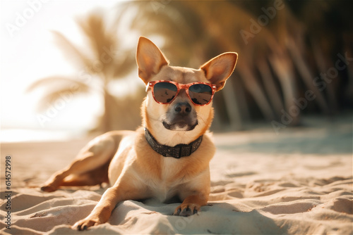 dog wearing sunglasses laying on a beach, AI generated content © Elena