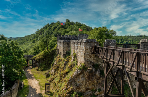 Fortified position in Cornstejn castle with wooden bridge and battlements photo