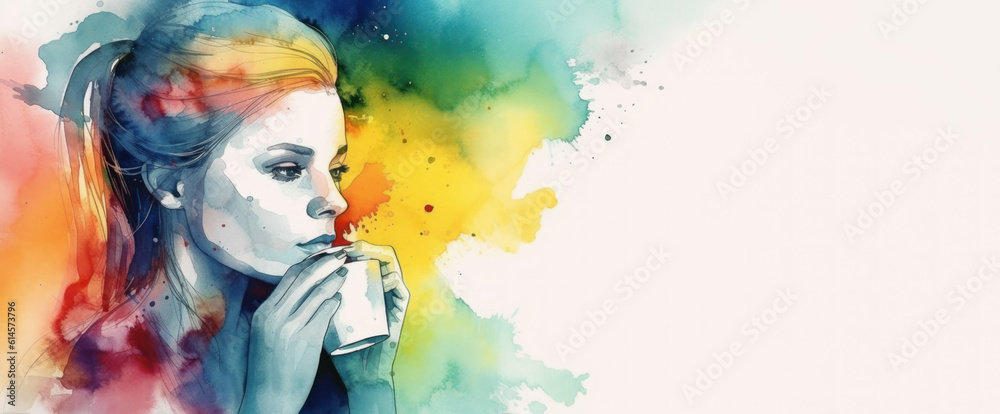 Tranquil Moments: A Multicolor Watercolor Print Capturing a Woman's Serene Contemplation over Coffee.