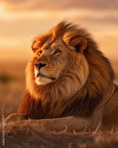 Lion king sitting watching over the African savannah  © STORYTELLER